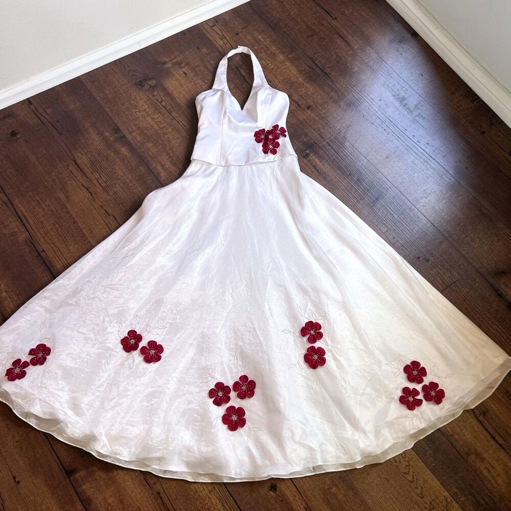 Y2K Morgan And Co Halter Prom Dress S 3D Floral White Beaded Organza Fairy VTG